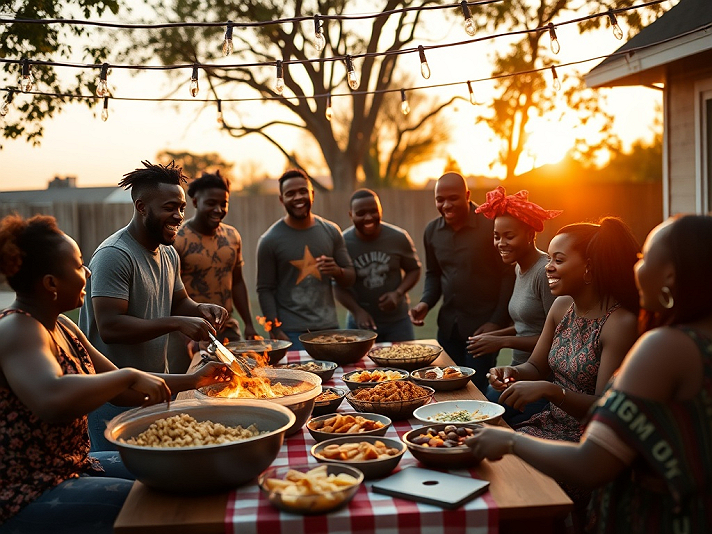 The image showcases a warm and inviting outdoor gathering, likely a backyard dinner among Black men...
