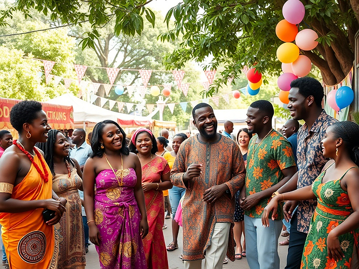 The image captures a lively cultural festival scene among Black men and women, filled with joy and...