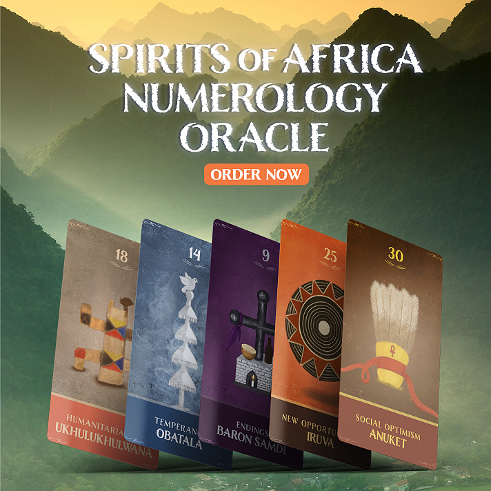 The Spirits of Africa Numerology OracleThis numerology oracle is dedicated to the myriad of spirits venerated throughout the African diaspora. Historically, these energies have been associated with numbers and number sequences, which is why this deck is such a timely complement to the evolved spiritual practices of African people groups worldwide.Africa is a diverse continent with many gods and goddesses that represent archetypical energies. This deck catalogs 44 spirits from areas as varied as Benin, the Congo, Egypt, Ghana, Haiti, Nigeria, South Africa, South America, etc. But, the Spirits of Africa are essentially enumerable. As such, this deck captures the fundamental essence of the ancient, universal energies that have empowered African people worldwide from time immortal.Get your deck now!#Africanspirituality #SpiritsofAfrica #Oraclecards #Tarot #Tarotcards #Oraclecards