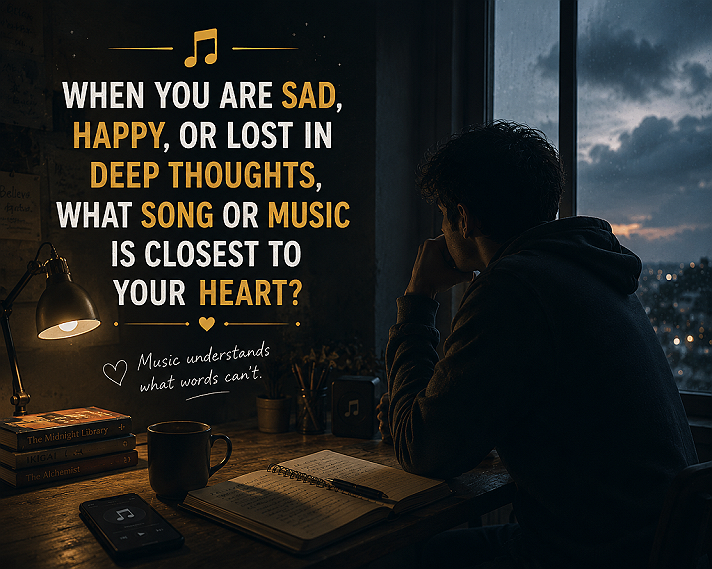 🎵When you are sad, happy, or lost in deep thought, what song or type of music is closest to your...